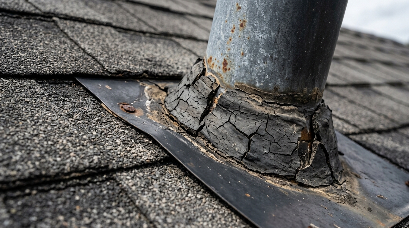 Dried up caulk on roof and roof caulk drying out leading to failing roof sealant - call TK Roofing Contractor for Kansas City roof repair services and roof leak inspection Kansas City